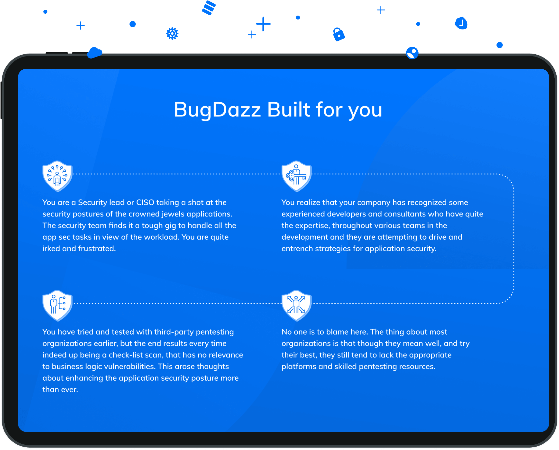 Modern PenTest Helps to drive resilient systems and pace upmarket releases. BugDazz pentest as a service platform brings real-time results, more coverage, & easy remediation workflows with compliance-ready reports. Security program scaled using trusted, highly talented ethical hackers on board.